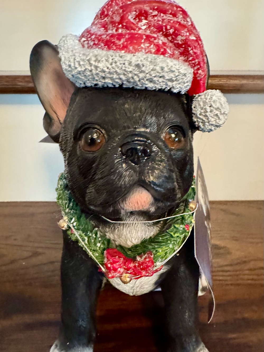 Festive Black French Bulldog Dog Figurine with Red Santa Hat & Light Up Wreath